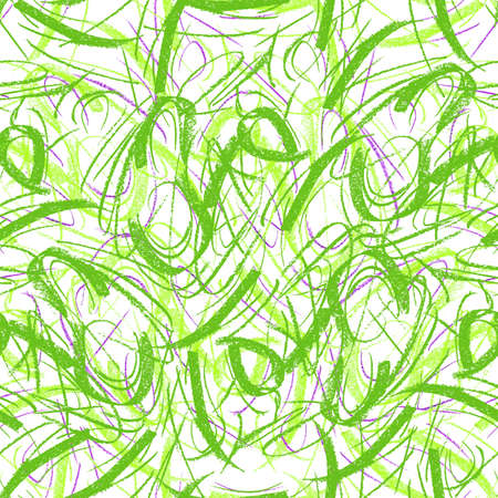 Wavy and swirled chalk strokes seamless pattern. Green paint freehand scribbles, lines, squiggle pattern. Abstract wallpaper design, textile printの写真素材