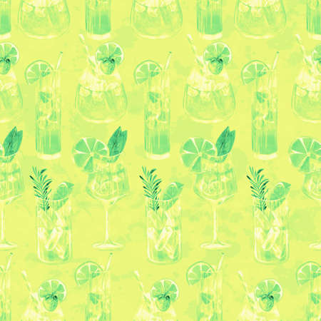 Seamless pattern with summer cocktails and ice cubes. Watercolor illustration in monochrome style.の写真素材