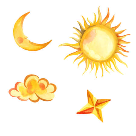 Watercolor icons set sun, clouds, half moon, star. Art design elementsのイラスト素材
