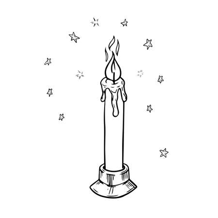 Burning candle line. A paraffin candle melts from the flame. retro lighting. Hand drawn vector doodle illustration. simple outline element.のイラスト素材