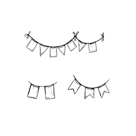 Garland of flags. Doodle freehand illustration. Vector. holiday decoration. Contour black and whiteのイラスト素材
