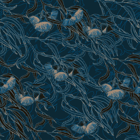 Floral seamless pattern, flowers and eucalyptus leaves on bright backgroundの写真素材