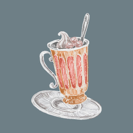 Black and white outline illustration of a cup of hot chocolate with marshmallows.のイラスト素材