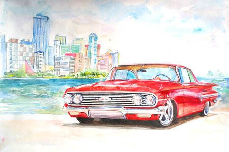 Watercolor retro car. Hand drawn classic car. hand drawn card illustrationの写真素材
