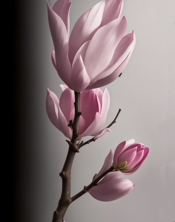 Pink blooming magnolia tree elements design. Bloom flowers branch on gray, magnolia tree blossom, pink petals, budsの写真素材