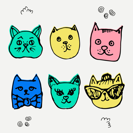 Set of vector adorable cats, hand drawn style. Ideal for greeting cards, invitations, children room decoration, etc.のイラスト素材