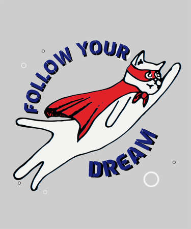 Hand drawn superhero cat with typography slogan illustration, vector for  for t-shirt printing and embroidery, graphic and printed t-shirt.のイラスト素材