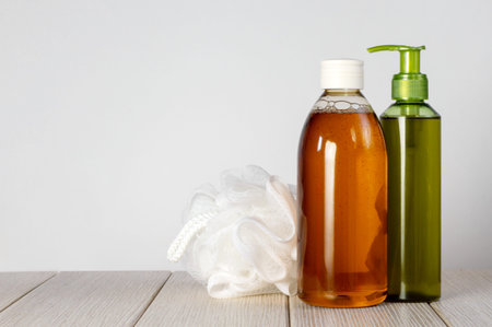 Composition with plastic bottles and washcloth for body care and beauty productsの写真素材