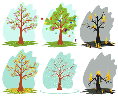 Trees in the fire. Forest fire. Vector illustration of a tree in different seasons.のイラスト素材