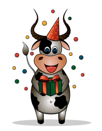 Vector drawing of a cartoon bull. Bull celebrates birthday. Bull with a giftのイラスト素材
