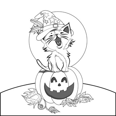 Children's coloring of a cat sitting on a pumpkin on the background of the moonのイラスト素材