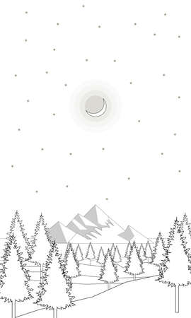 Coloring of forest silhouette against the background of mountains and moonのイラスト素材