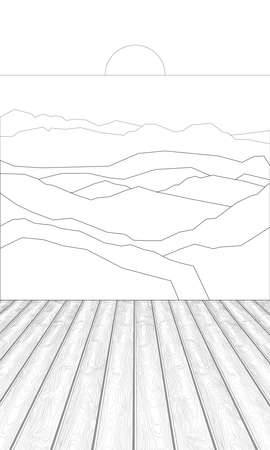 Coloring of wooden planks against the background of hillsのイラスト素材