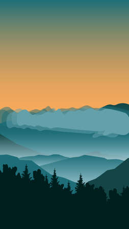 Forest silhouette against the background of mountains and the setting sunのイラスト素材