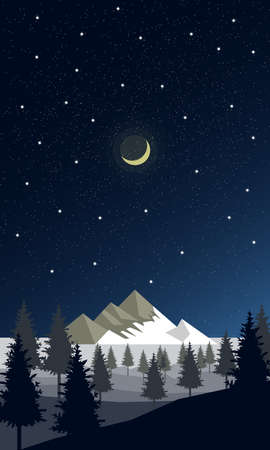 Forest silhouette against the background of mountains and moonのイラスト素材