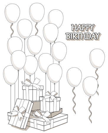 Coloring of greeting card with gifts and balloonsのイラスト素材