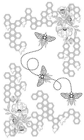 Coloring of bees with honeycombs and flowersのイラスト素材