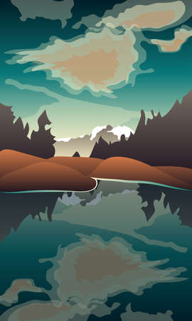 Image of a lake on a mountain and forest backgroundのイラスト素材
