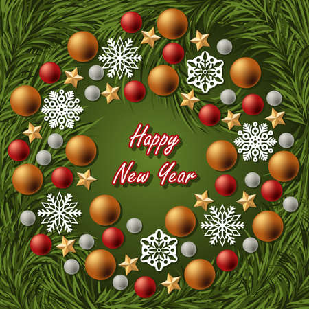 Greeting card for the new year with fir branches, Christmas balls, stars and snowflakesのイラスト素材