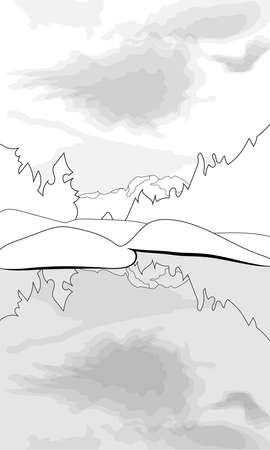 Coloring of a lake on a mountain and forest backgroundのイラスト素材