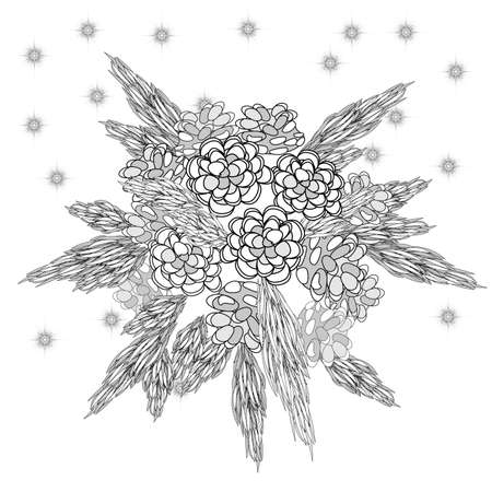 Coloring of greeting card for the new year with fir branches and fir coneのイラスト素材
