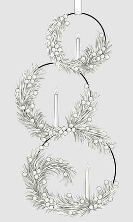 Coloring with fir branches, berries and candlesのイラスト素材