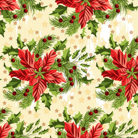 Seamless pattern with a Christmas bouquet of poinsettia, spruce branches and Holly on a background of starsのイラスト素材