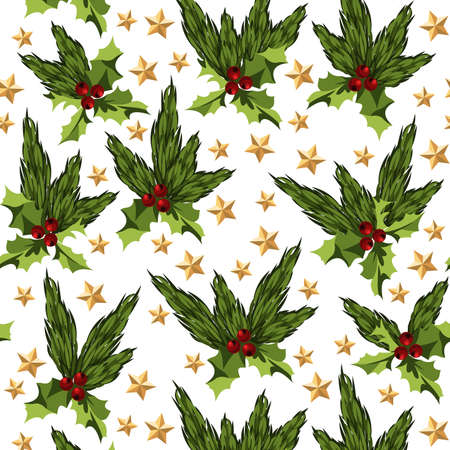 Seamless pattern with Christmas elements fir twigs, berry leaves and starsのイラスト素材
