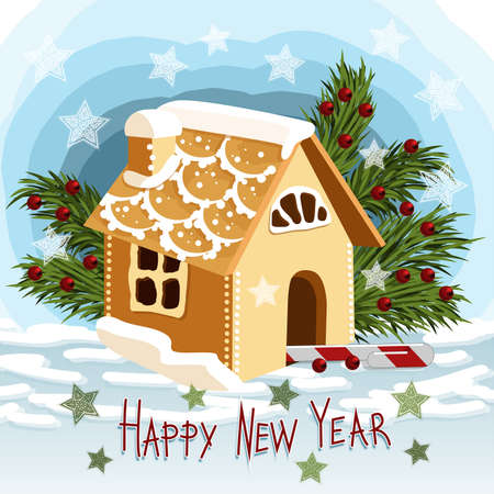 Christmas gingerbread house card with fir branches, snow, stars, berries and candyのイラスト素材
