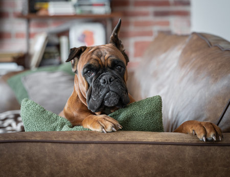 a dog is lying on a leather sofa in the living room, an animal in the interior. High quality photoの写真素材