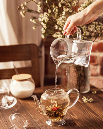 tea time with flower tea from glassware in the living room. High quality photoの写真素材