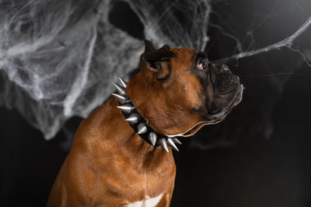 boxer dog in a studded collar, Halloween image, on a dark background with cobwebsの写真素材