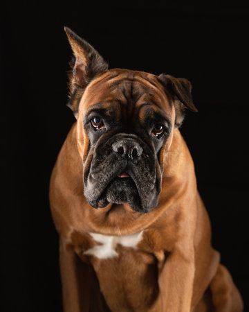 portrait of a German boxer breed dog on a black background. High quality photoの写真素材