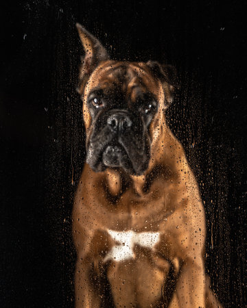 Portrait of a sad dog on a dark background behind glass with raindrops. High quality photoの写真素材