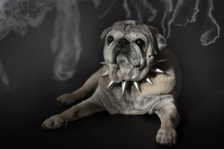 a brutal image of a pet, a small pug dog in a collar with spikes, an image of a pet for Halloween,horizontallyの写真素材