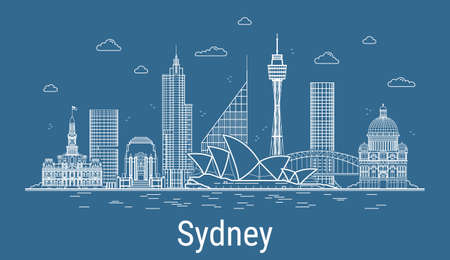 Sydney city, Line Art Vector illustration with all famous towers. Linear Banner with Showplace, Skyscrapers and hotels. Composition of Modern buildings, Cityscape. Sydney buildings set.のイラスト素材