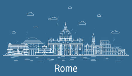 Rome city, Line Art Vector illustration with all famous buildings. Linear Banner with Showplace, Skyscrapers and hotels. Composition of Modern buildings, Cityscape. Rome buildings set.のイラスト素材