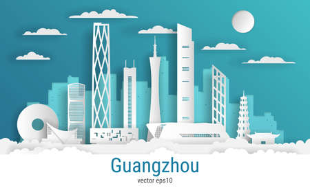 Paper cut style Guangzhou city, white color paper, vector stock illustration. Cityscape with all famous buildings. Skyline Guangzhou city composition for design.のイラスト素材