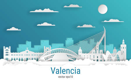 Paper cut style Valencia city, white color paper, vector stock illustration. Cityscape with all famous buildings. Skyline Valencia city composition for design.のイラスト素材