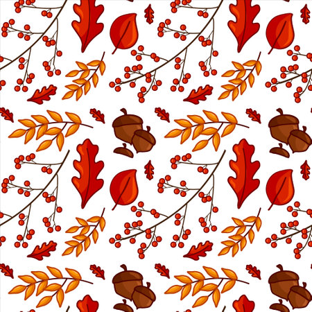 Seamless pattern with autumn leaves, acorns and rowans on white background in flat style. Vector illustrationのイラスト素材