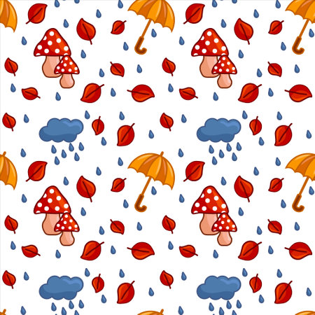 Seamless pattern with red mushrooms, umbrella, clouds, drops and leafs on white background in flat style. Vector illustrationのイラスト素材