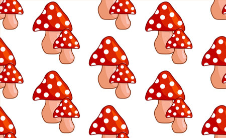 Seamless pattern with red mushrooms on white background in flat style. Vector illustrationのイラスト素材