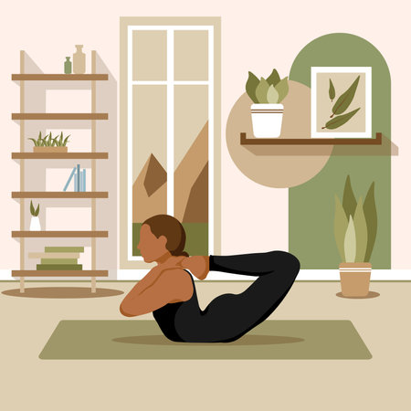 Young woman doing yoga exercises, practicing meditation and stretching on the mat. Female simple character in yoga studio or home. Trendy flat vector illustration.のイラスト素材