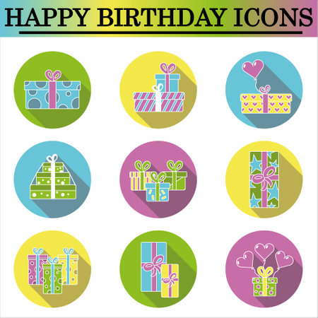 Set of birthday flat icons with shadow on the white background. Celebration icons. Isolated vector. Gift icons.のイラスト素材