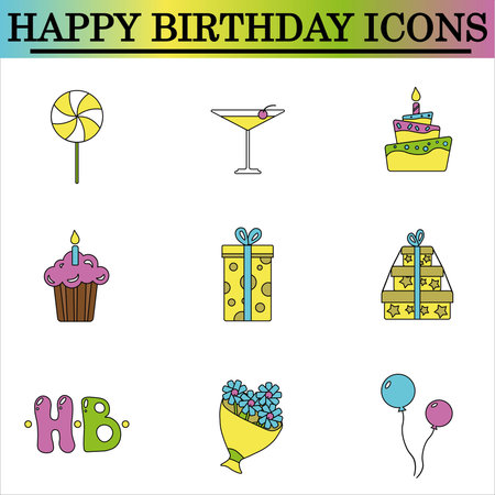 Set of birthday flat icons on the white background. Celebration icons. Isolated vector.