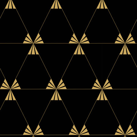 Abstract geometric pattern with triangle, lines and stripes on black background. A seamless vector background. Graphic modern pattern. Black and gold pattern.のイラスト素材