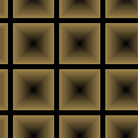 Abstract geometric pattern with squares, stripes, lines. Seamless vector background. Black and gold ornament. Modern reticulated graphic design.のイラスト素材
