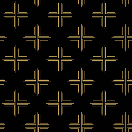 Abstract geometric pattern with crosses, stripes, lines. Seamless vector background. Black and gold ornament. Modern reticulated graphic design.のイラスト素材