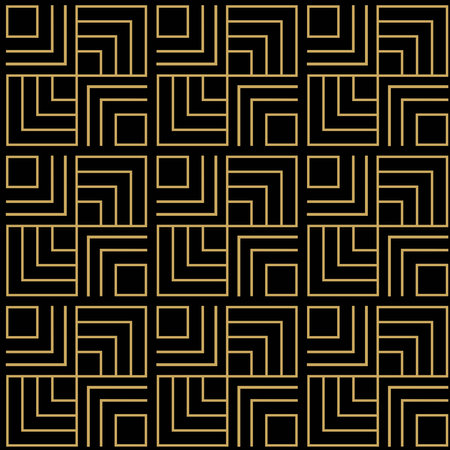 Abstract geometric pattern with squares, stripes, lines. Seamless vector background. Black and gold ornament. Modern reticulated graphic design.のイラスト素材