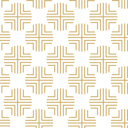 Abstract geometric pattern with circles, crosses, stripes, lines. Seamless vector background. White and gold ornament. Modern reticulated graphic design.のイラスト素材